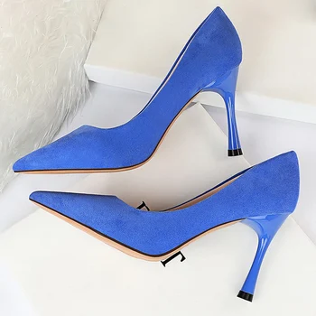 

2020 Women Valentine 8.5cm High Heels Suede Pumps Lady Scarpins Medium Heels Wedding Pointed Toe Blue Yellow Escarpins Shoes