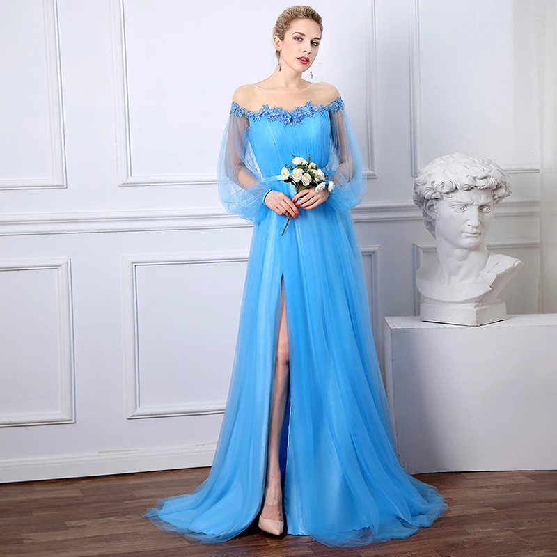 

Eightree Off Shoulder Blue Evening Dresses Puff Sleeve Special Occasion Dress 3D Flowers Appliques Split Evening Party Gowns