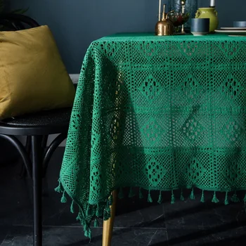 

100% Cotton Knitted Lace tablecloth Shabby Cozy Vintage Crocheted Tablecloth Handmade Tassels Colored Cotton Lace table topper