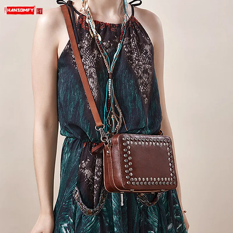 

2019 new original retro leather women shoulder bag female first layer cowhide handmade messenger bag rivet square crossbody bags