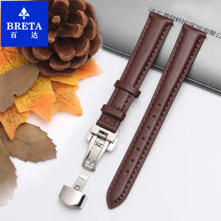BRETA ремешок для часов из натуральной кожи, ремешок для часов 12 13 14 15 16 18 19 20 мм, розовый, серый, синий, белый цвет, инструмент для быстрой разборки запястья - Цвет ремешка: Brown silver Clasp