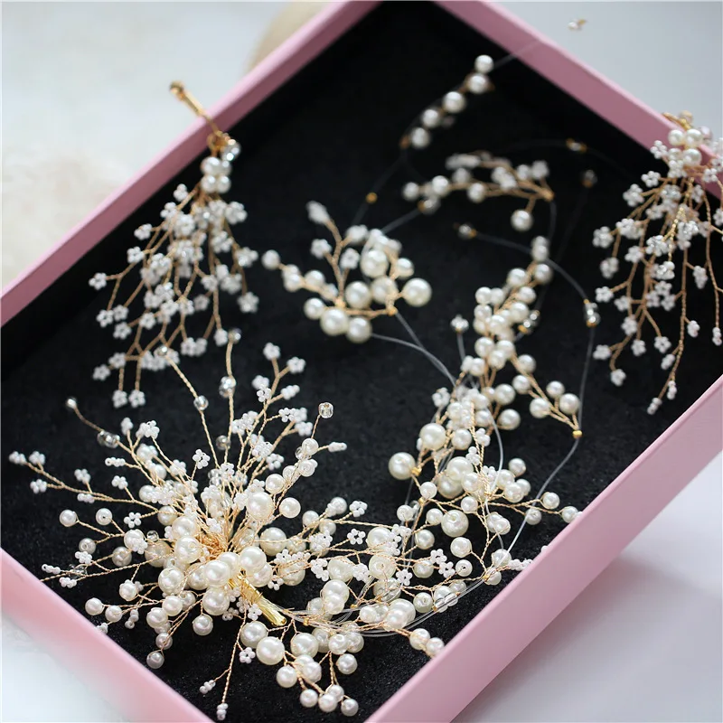 

Korean Style Sweet Bride Headdress New Style Pearl Hair Band Earrings Set Side Clip Marriage Yarn Formal Dress Up-do Accessories