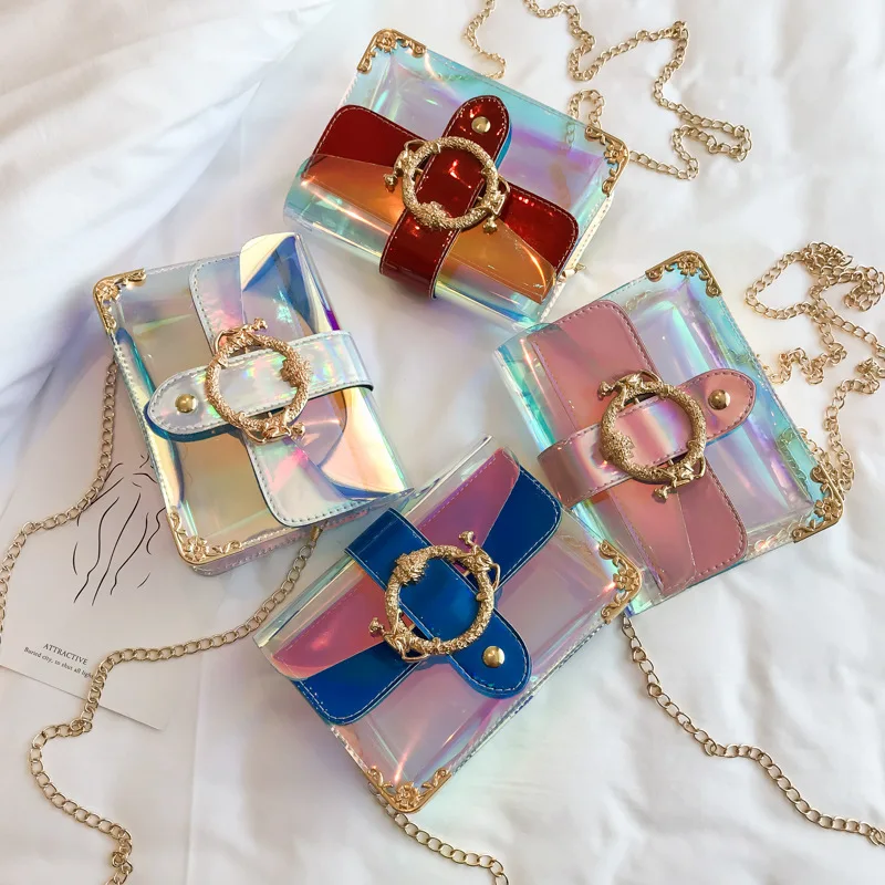 

2019 New Style Monkey Flip Laser Transparent Square Sling Bag Colorful Cool Metal Korean-style Shoulder Diagonal Small Bag