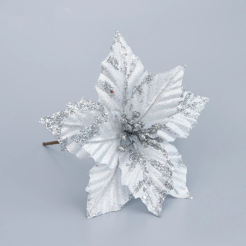 5 шт. искусственные цветы серебристая пудра блеск Poinsettia домашнее украшение