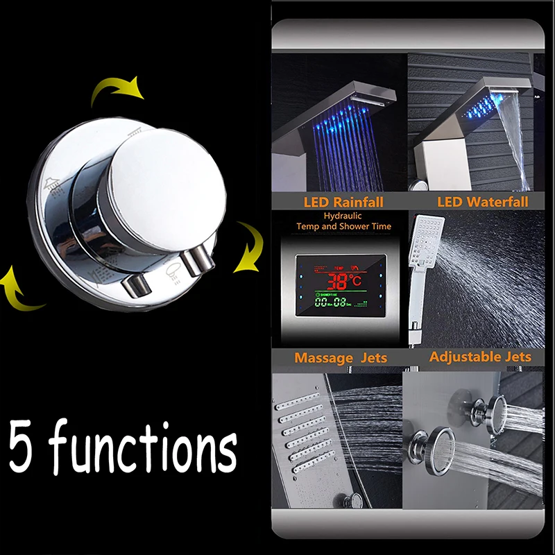 Светодиодный душ Панель ванны смеситель для душа Температура цифровой Дисплей ванной кран массаж тела Системы струй из нержавеющей стали башня душевая колонна кран