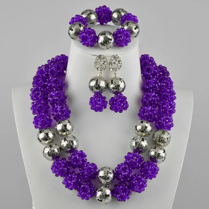 Purple Silver Королевский синий африканский бисер комплект ювелирных изделий нигерийский ожерелье наборы - Окраска металла: Purple Silver