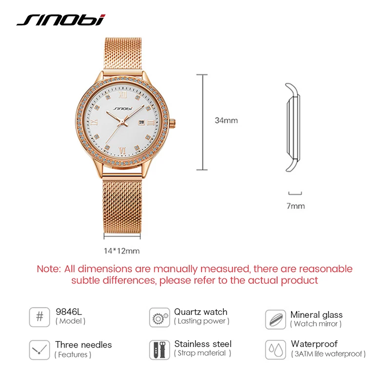 SINOBI Fashion Diamond Woman Watches Golden Women Quartz Wristwatches Elegent Ladies Calender Gift Box Clock Relogio Feminino