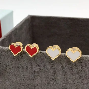 

SLJELY Fashion Real 925 Sterling Silver Yellow Gold Color Red and White Pixel Love Heart Stud Earrings for Women Brand Jewelry