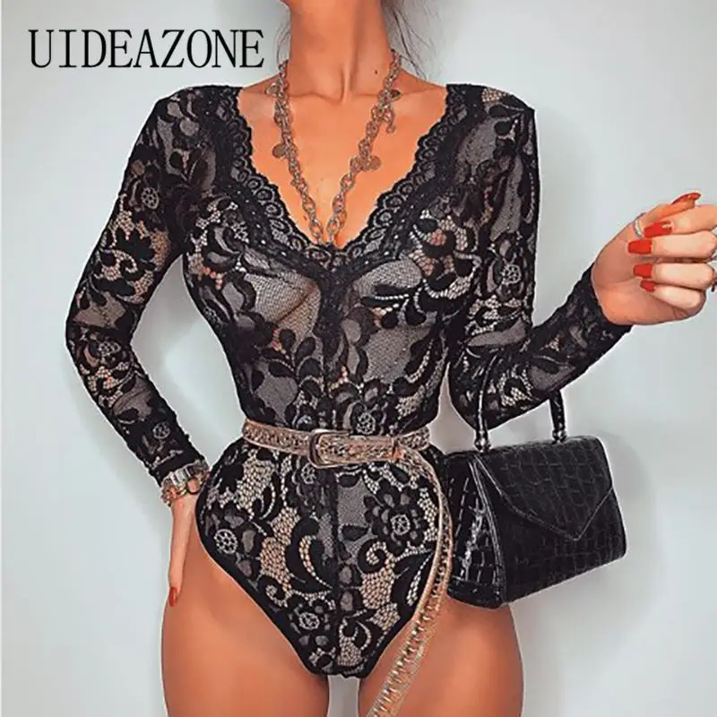 

Summer Lace Bodysuit Women Floral Embroidery Deep V Neck Sexy Bodysuit Dot Patchwork Jumpsuit Overalls Femlae Body Romper