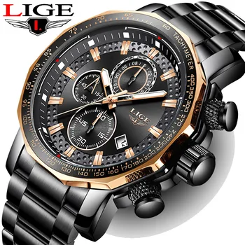 

LIGE Top Brand Stainless Steel Strap Black Dial Chronograph Quartz Military Sport Men's Watch Date Luxury Relogio Masculino+Box