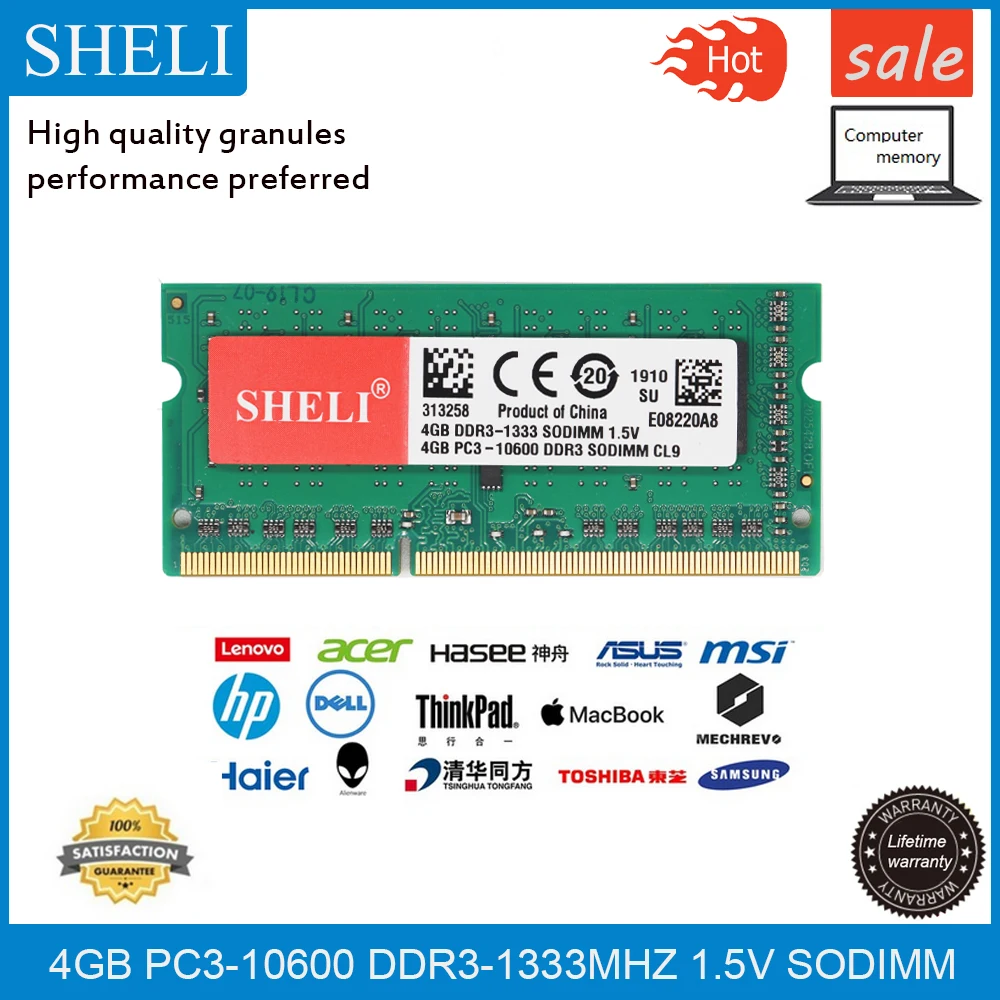 

SHELI 4GB PC3-10600 DDR3 1333 Mhz 1.5V SDRAM Laptop SODIMM RAM Notebook Computer Memory