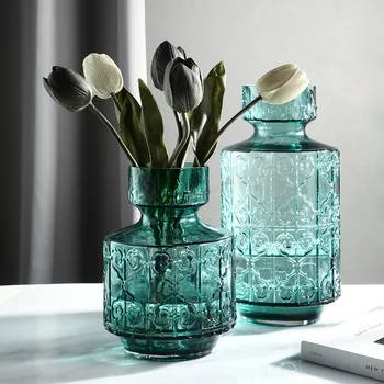 

LUXURY ART RETRO RELIEF GLASS VASE DECORATION DESKTOP FLOWER ARRANGEMENT HOME TRANSPARENT BLUE HYDROPONIC FLOWER HOME DECORATION
