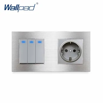 

3 Gang 2 Way With LED Indicator EU Socket German Standard Wallpad Grey Aluminum Alloy Panel 86*172mm Wall Power Outlet