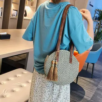 

Women Bags Girl Round Straw Bag Summer Rattan Handmade Woven Beach Bag Circle Handbag /BY
