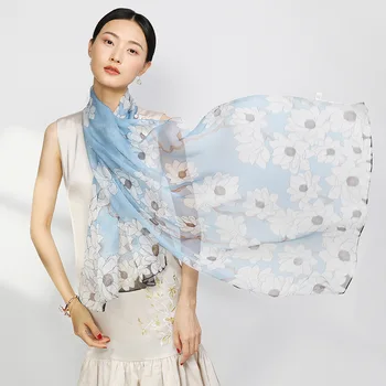 

Women Scarf High Quality Artificial Gray Silk Print Flower Competitive Price Fashion Long Shawls