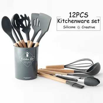 

12PCS Silicone Cooking Utensils Set Non-stick Spatula Shovel Wooden Handle Cooking Set With Storage Box Cookware Kitchen Tool