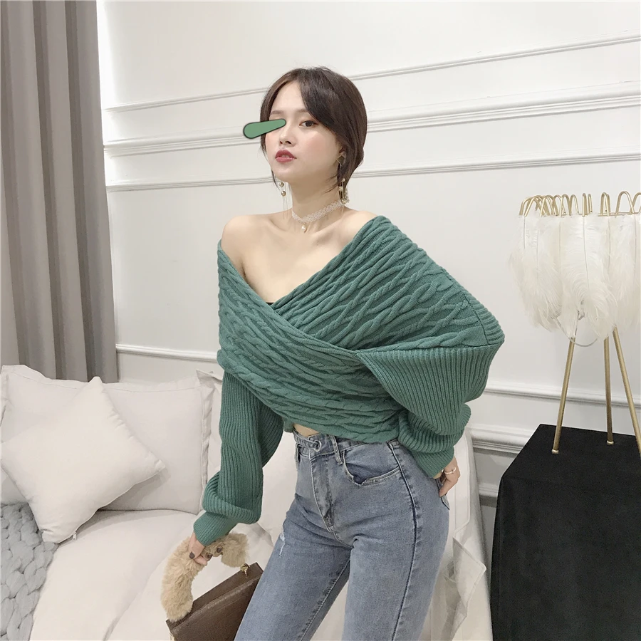 Neploe с перекрестным v-образным вырезом, сексуальный пуловер без бретелек, свитер, короткий укороченный топ, джемперы, осенние женские Элегантные вязаные топы, новинка, тонкий пуловер 55543