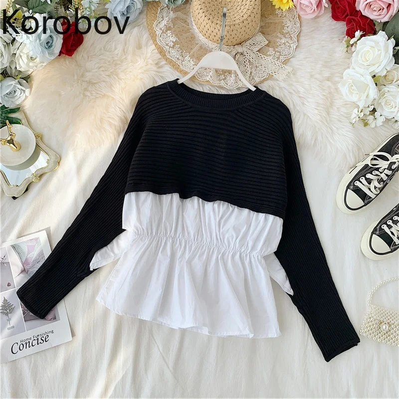 Korobov Vintage Long Sleeve O-Neck Women Pullovers Korean Hit Color Patchwork Sweater Basic Fake 2 Piece Sueter Mujer 79151 | Женская