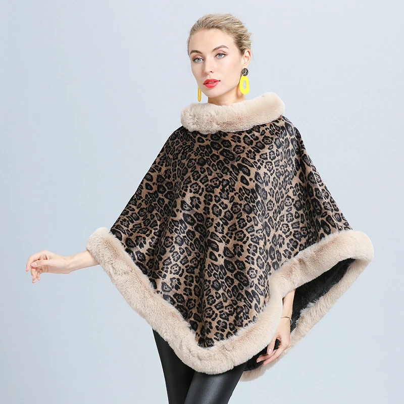 

New arrival fashion winter women's knit temperamental shawl warm thick soft loose fur collar vintage elegant leopard poncho