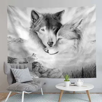 

Psychedelic Animals Grey Wolf Tapestry Wall Hanging Backdrop Hippie Tapestry Wall Carpets Polyester Bedspread Large Table Cloth
