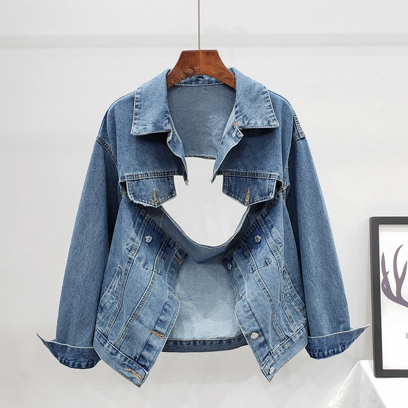 

Vintage Hole Short Jeans Jacket Women Autumn Fashion Split Backless Denim Jacket Coat Outerwear Female Loose Blue Chaqueta Mujer