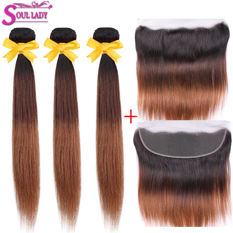

Soul Lady Ombre Bundles With Frontal Closure 1b/4/30 Three Tone Color Remy Ombre Straight Brazilian Human Hair Weave Bundles