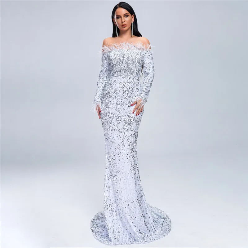 silver Beauty Emily, Сексуальные вечерние платья с вырезом лодочкой и блестками, с перьями, элегантное винтажное торжественное платье с длинным рукавом, платье русалки - Цвет: silver