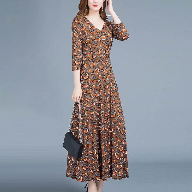 

Women Casual 3/4 Sleeve V-neck A Line Floral Print Party Dress vestidos de fiesta de noche