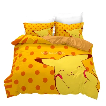 

New Pokemon Print Bedding Set Cartoon Adult Kids Yellow Wave Point Pikachu Duvet Cover Set Pillowcase Twin Full Queen King Size
