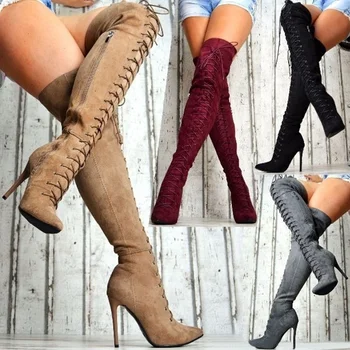 

Women's New Autumn and Winter High Heel Long Boots Solid Color Suede Bandage Pointed High Ladies Boots Knee High Boots Women