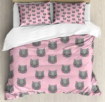 

Cat Duvet Cover Set Greyscale Feline Portraits with Pastel Colored Stars and Hearts Background Decorative 3 Piece Bedding Set