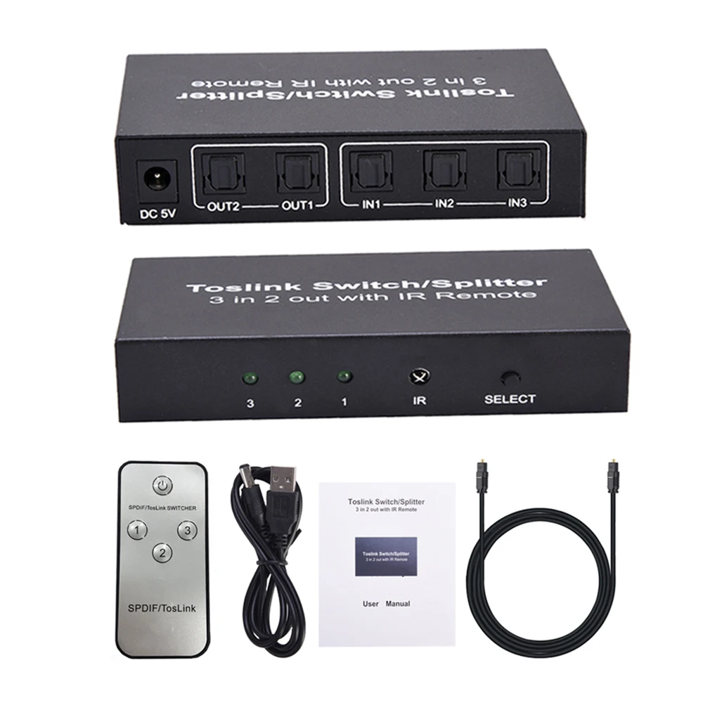 

For DVD ps4 3 In 2 Out Optical Audio Switch SPDIF/TOSLINK Switcher Splitter Adapter with IR Infrared 3 in 2 out with IR Remote