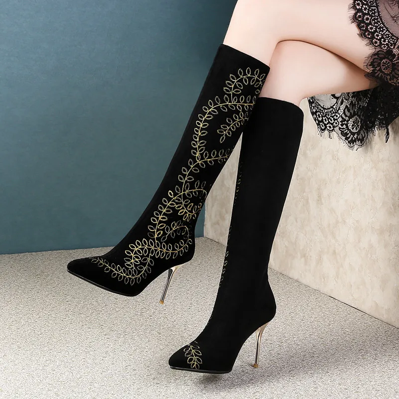 Meotina Winter Knee High Boots Women Kid Suede Zipper Thin Heels Long Boots Real Leather Extreme High Heel Shoes Lady Size 33-43