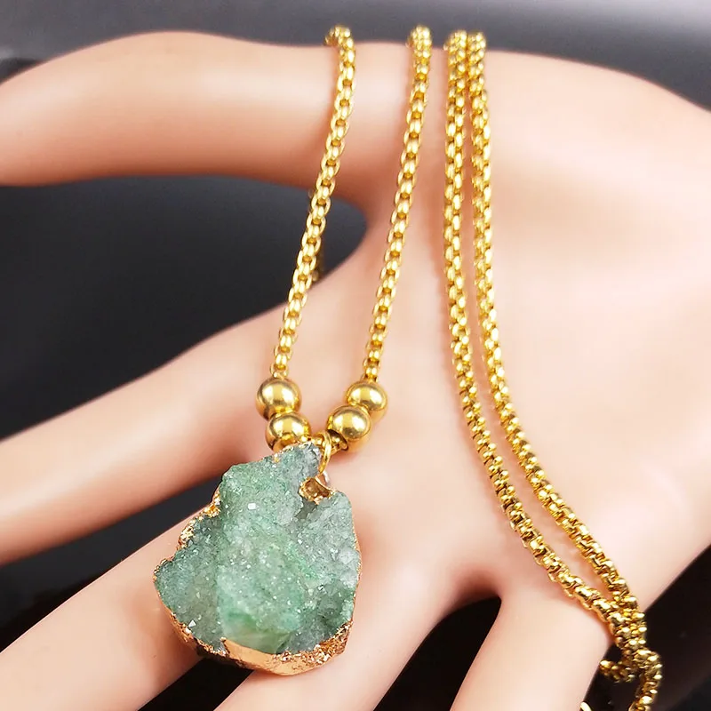 2020 Fashion Green Crystal Stainless Steel Necklace for Women Gold Color Bead Long Statement Necklace Jewelry colgante N20167