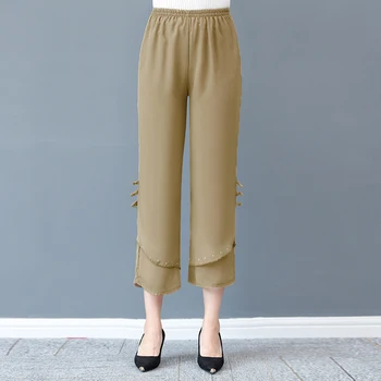 

Elastic High Waist Casual Pants For Women Middle Age Mother Summer Loose Large Size Thin Cropped Pants Solid Color 4XL XXXL XXL
