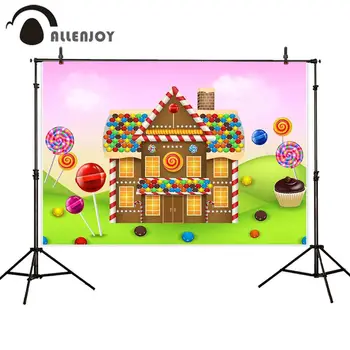 

Allenjoy Dessert Backgrounds Cloth Grassland Lollipop Candyhouse Cake Watercolor Sky Wallpaper Supplies Candy Bar Party Decor