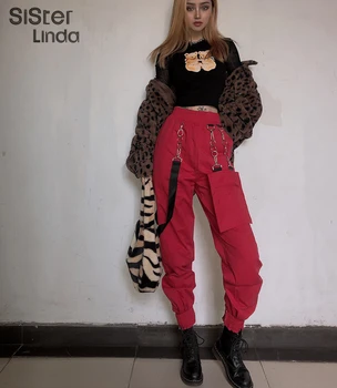 

Sisterlinda Cotton Metal Chain Pocket Cargo Pants Women Patchwork Trousers Women Harajuku Harem Joggers Pants Mujer 2019 Autumn
