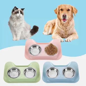 

Double Dog Bowls Puppy Stainless Steel Food Water Feeder Pet Cats Feeding Dishes Green Blue Pink 31*21.5*5cm