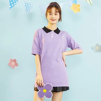 

IEF Spring Summer Women Print POLO T-shirt Fashion Three Buckle Half Sleeve Female Mid Long Tops 1106A-D5101-5-