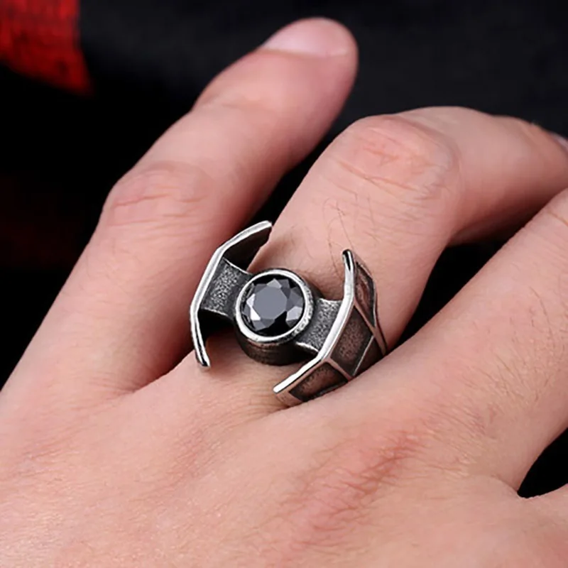 Retro Men Silver Colour Stainless Steel Ring Planet War Star Trek Ring Black Zircon Ring Hip Hop Punk Motorcycle Party Ring