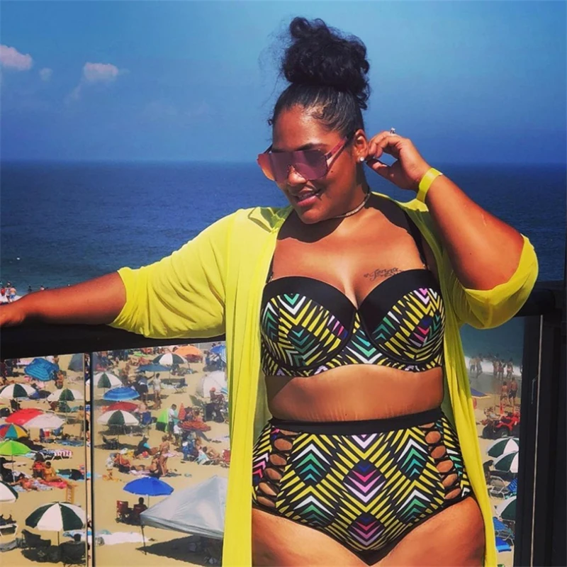 

Plus Size Swimwear 2020 New High Waist Push Up Geometric Printing African Style Bikini Set Swimming Suit for Women кђпалник