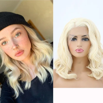 

QUINLUX WIGS Heat Resistant Fiber Hair Blonde Wavy Bob Synthetic Lace Front Wig Cosplay Show Side Part African American Hair