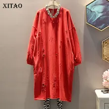 Женское платье XITAO с дырками черного и красного цвета, корейская мода, новинка, Осенний прямой пуловер, элегантное платье с круглым вырезом, стиль миноритарного стиля, GCC2273