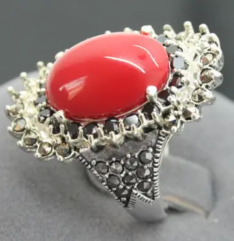 

wholesale good noble 16*27mm 925 STERLING SILVER MARCASITE RED CORAL RING SIZE 7/8/9/10 Genuine Natural stone gems Fortune Fine