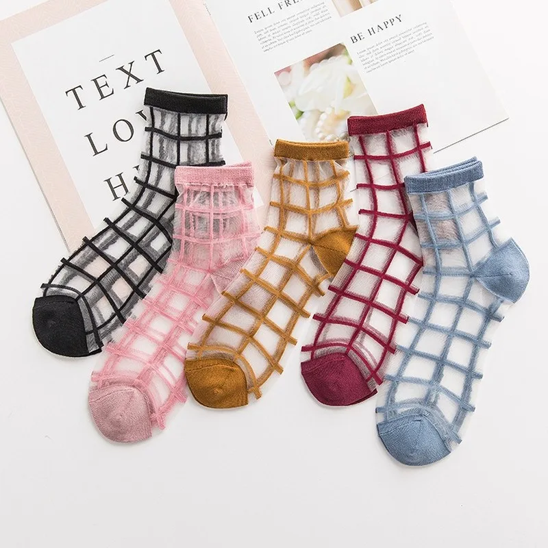 

Colorful Retro Glass Crystal Silk Transparent Women Socks Cool Girl Lady Summer Grid Mesh Thin Gift Pink Black Korean Harajuku