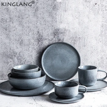 

KINGLANG Nordic Ceramic Tableware Set Large Flat Plate Simple Dish Steak Plate Household Mugs and Cup
