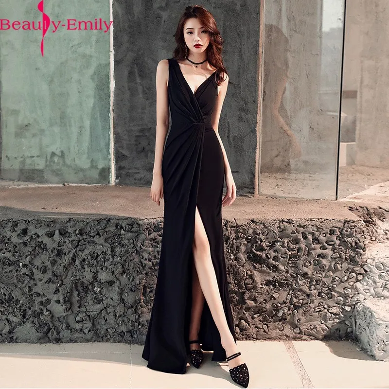 Beauty Emily элегантное вечернее платье Русалка с v-образным вырезом модное Плиссированное черное простой сатин Длинные платья без рукавов настоящая фотография