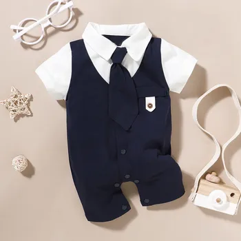 Summer Newborn Baby Boys Romper Short Sleeve Gentleman Tie Jumpsuit Infant Outfits Formal Child Boy Clothes 3 6 9 12 18 Months 4