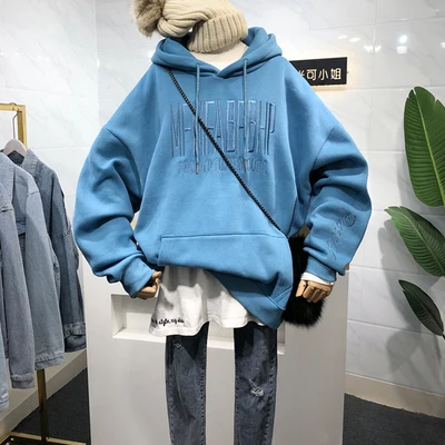 Замшевые бархатные женские свитшоты с капюшоном в Корейском стиле, зимние плотные худи с вышивкой и начесом больших размеров - Цвет: blue hoodies