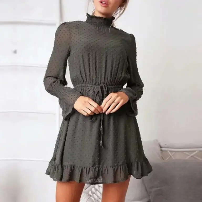 

Turtleneck Polka Dot ruffles Dress Women 2019 Spring Black Long Sleeve Lace up Elegant Neck Mini Dress